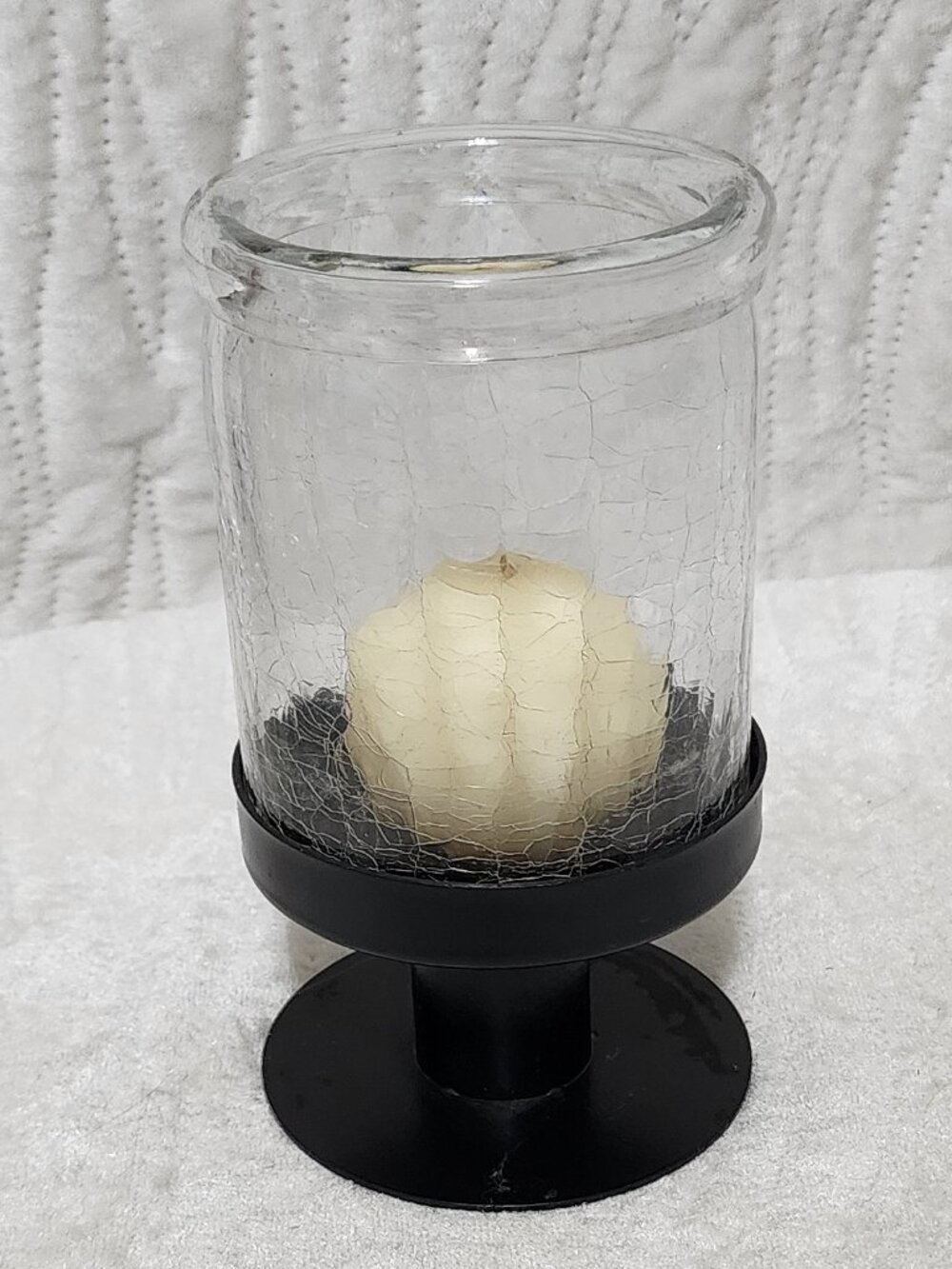 Hurricane Candle Holder With Round Candle.  Metal Base, Thick Glass Cover.